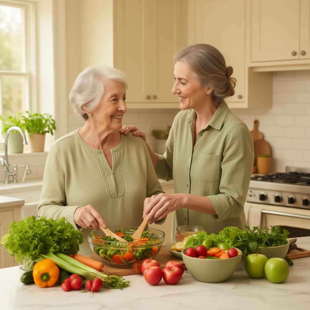 Caregiver and elderly woman preparing a meal together